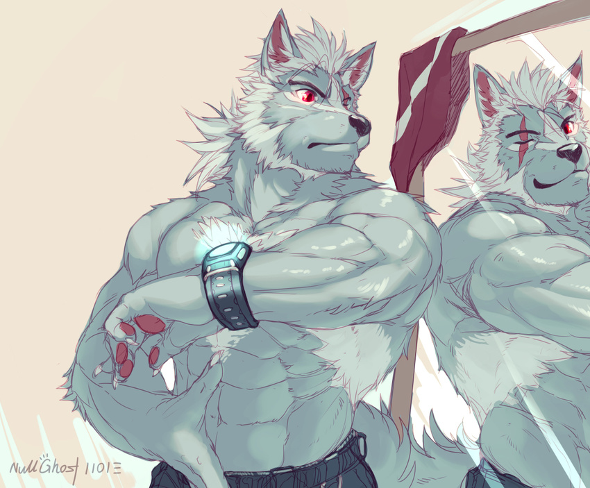 anthro beast belt biceps big_muscles black_nose canine chest_tuft claws clothed clothing dual_persona flexing fur glass grey_fur grey_hair hair half-dressed male mammal mirror muscles null-ghost one_eye_closed pants pawpads paws pecs pose red_eyes reflection scar solo standing toned topless tuft watch wink wolf