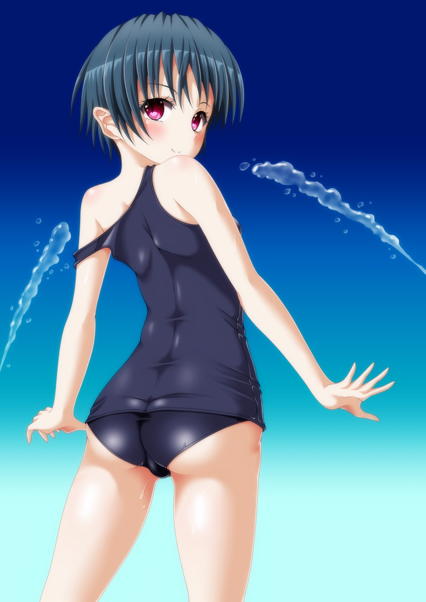 black_hair from_behind highres kaze_makase looking_back one-piece_swimsuit original red_eyes school_swimsuit short_hair solo strap_slip swimsuit