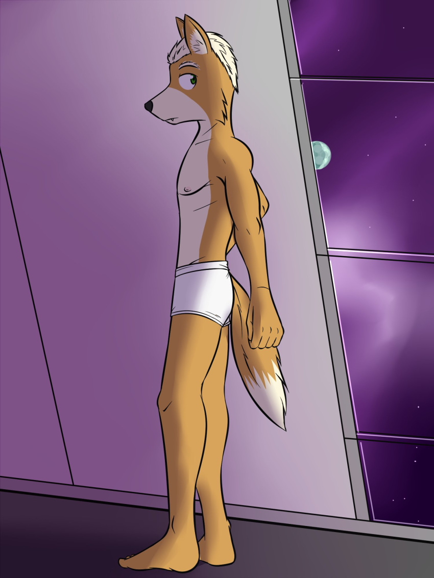 anthro briefs canine clothed clothing fox fox_mccloud full-length_portrait fuze looking_back male mammal nintendo nipples portrait solo space standing star_fox tighty_whities topless underwear video_games