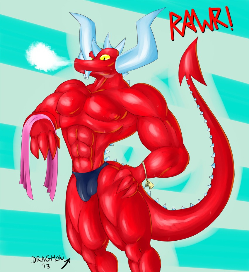 anthro biceps bulge demon dragmon dragon fangs horn invalid_color invalid_tag male muscles nipples pecs pectorals pose red_skin reptile scales scalie solo speedo standing swimsuit teeth toned topless towel yellow_eyes