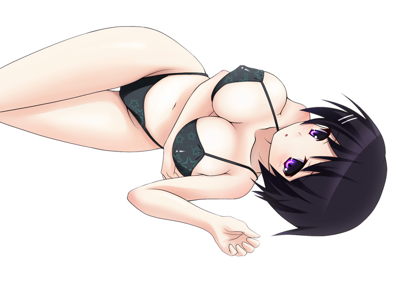 bad_id bad_pixiv_id bikini black_hair breasts cleavage hanekawa_tsubasa highres karin_(rei862) large_breasts lying monogatari_(series) nekomonogatari no_eyewear purple_eyes short_hair solo swimsuit white_background