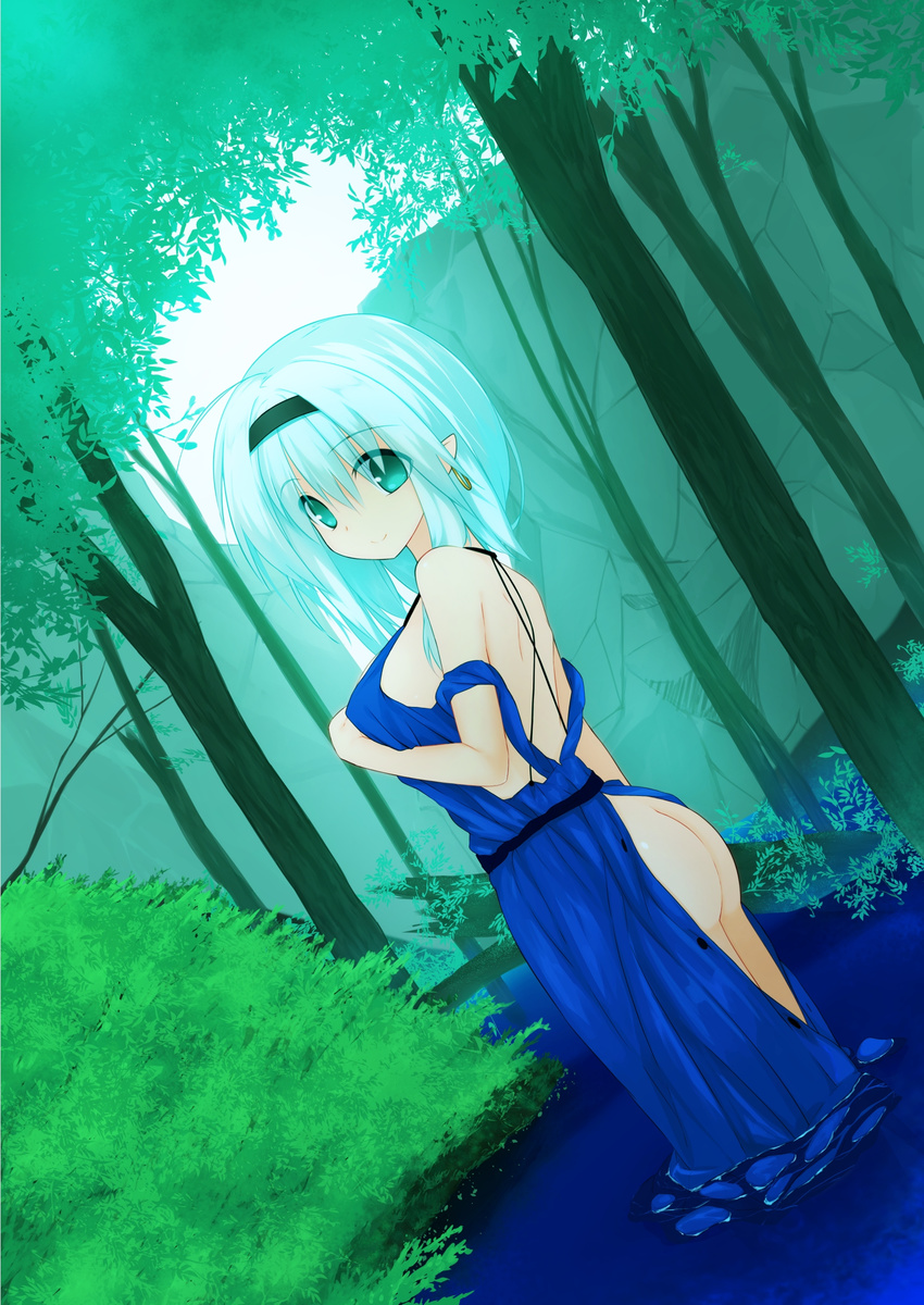 absurdres ass breasts day denpaken_pochi forest green_eyes highres medium_breasts nature original outdoors pointy_ears short_hair smile solo wading