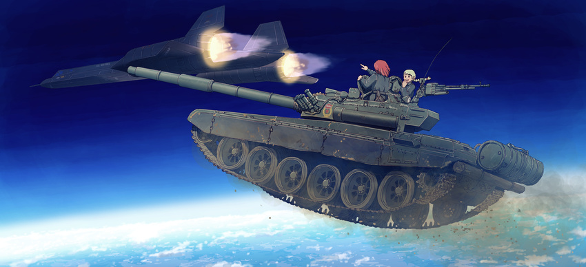 afterburner aircraft airplane braid caterpillar_tracks covering_mouth dust_cloud earasensha earth flying green_hair ground_vehicle gun hand_over_own_mouth holster log long_hair looking_at_another machine_gun military military_uniform military_vehicle motor_vehicle multiple_girls original pointing radio_antenna red_hair short_hair sky smile sr-71_blackbird t-72 tank uniform weapon