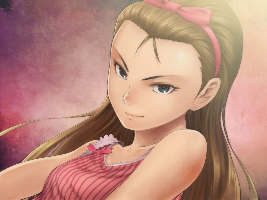 bare_shoulders brown_eyes brown_hair chiaki_rakutarou dress headband idolmaster idolmaster_(classic) long_hair looking_at_viewer minase_iori sleeveless sleeveless_dress smile solo