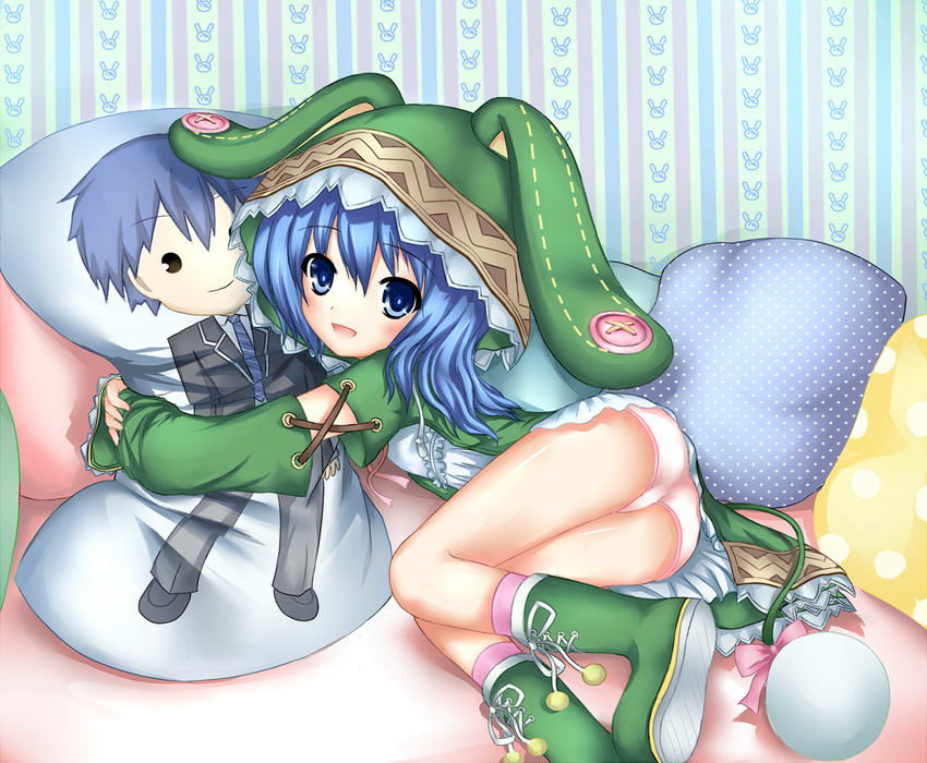 animal_ears animal_hood blue_eyes blue_hair boots bow bunny bunny_ears coat dakimakura_(object) date_a_live eyepatch green_footwear hand_puppet highres hood hug itsuka_shidou lin_yu long_hair looking_at_viewer open_mouth panties pillow pink_panties puppet solo tail underwear yoshino_(date_a_live)