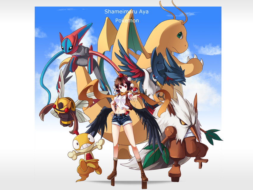 alternate_form black_wings brown_hair character_name copyright_name crossover deoxys dragonite gen_1_pokemon gen_3_pokemon gen_4_pokemon gen_5_pokemon hand_on_hip hat highres honchkrow looking_at_viewer midriff navel ninjask pointy_ears poke_ball pokemon pokemon_(creature) red_eyes scraggy shameimaru_aya shiftry shinebell short_hair shorts smile tokin_hat touhou wings