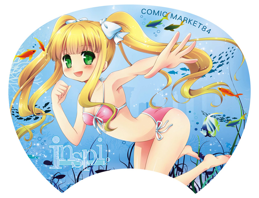 azuki_azusa bikini blonde_hair fan fish green_eyes hentai_ouji_to_warawanai_neko. inspi long_hair paper_fan solo swimsuit twintails underwater