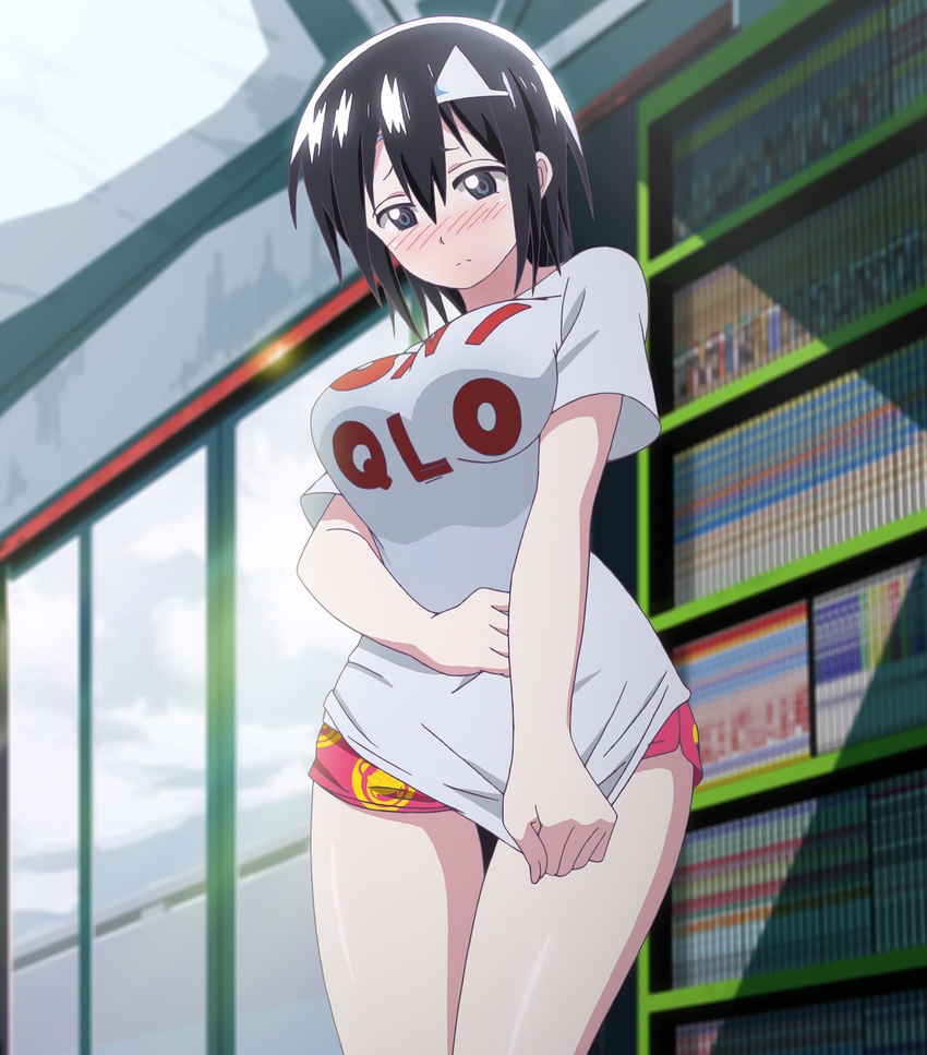 1girl black_hair blood_lad blue_eyes blush boxer_shorts boxers breasts covering covering_chest embarrassed highres large_breasts screencap shirt short_hair solo t-shirt triangular_headpiece underwear yanagi_fuyumi