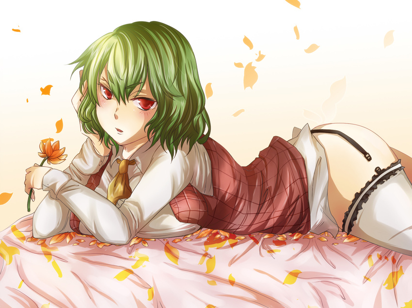 ascot ass blush bottomless breast_rest breasts flower garter_straps green_hair kazami_yuuka large_breasts lying on_stomach petals plaid plaid_vest red_eyes revision seo_(xxkitoxx) shirt short_hair solo thighhighs touhou vest white_legwear