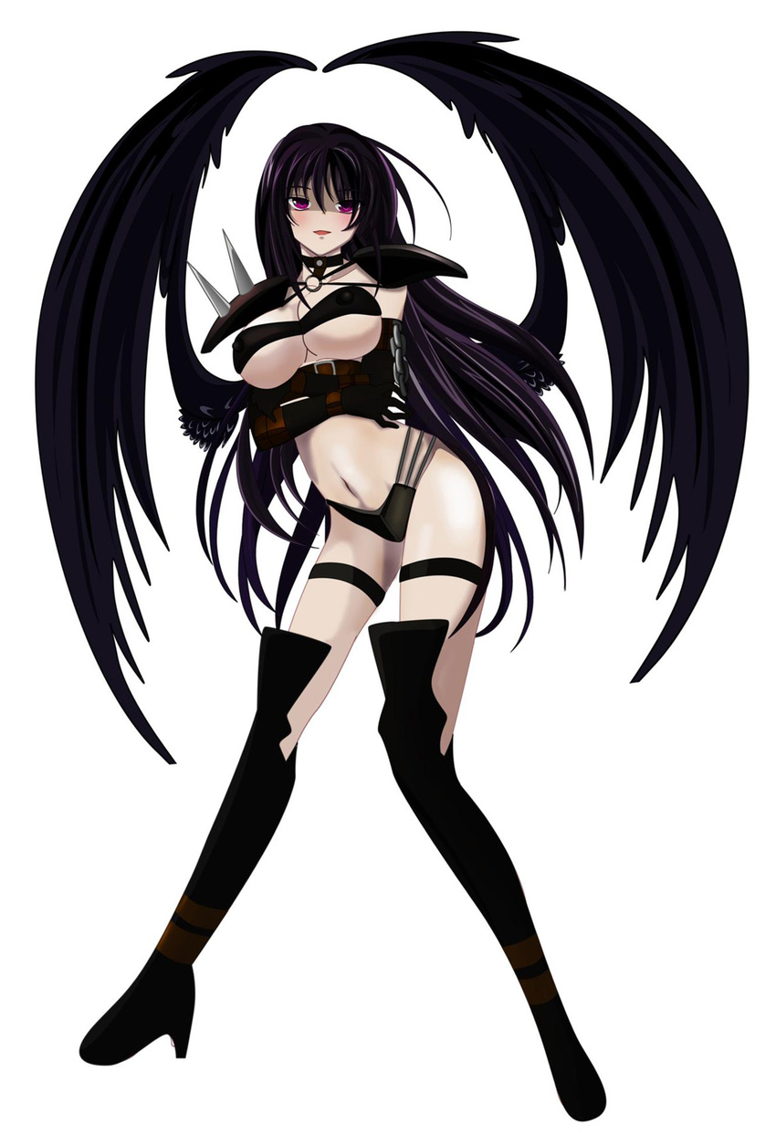 belt black_gloves black_hair black_panties black_wings boots breast_hold breasts covered_nipples elbow_gloves gloves high_heels high_school_dxd highres large_breasts long_hair navel panties purple_eyes raynare revealing_clothes shoulder_pads smile solo thigh_boots thighhighs thong underwear very_long_hair white_background wings yxyyxy