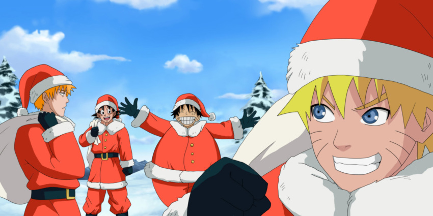 4boys belt black_hair bleach blonde_hair blue_eyes blue_sky christmas cloud crossover dragon_ball dragonball_z eyes_closed field grin hat kurosaki_ichigo looking_at_another monkey_d_luffy multiple_boys naruto_(series) official_style one_piece orange_hair outdoors outstretched_arms santa_costume santa_hat shounen_jump sky smile snow son_gokuu uzumaki_naruto