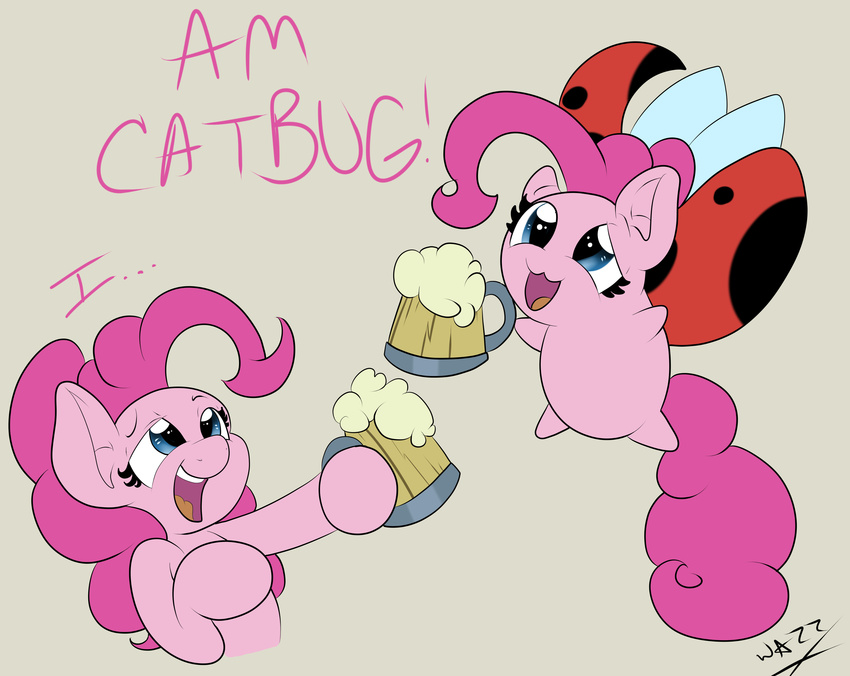 absurd_res arthropod blue_eyes bravest_warriors catbug cider cup dialog drink drunk duo english_text equine female feral flying friendship_is_magic hair hi_res horse insect ladybug mammal my_little_pony pink_hair pinkie_pie_(mlp) plain_background pony text the-wazz wings