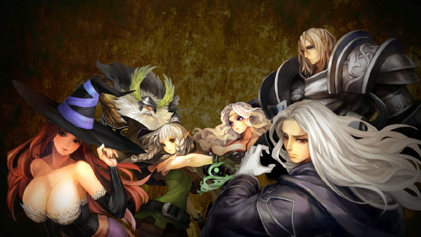 3girls amazon_(dragon's_crown) armor beard bikini_armor braid breasts circlet cleavage dragon's_crown dwarf_(dragon's_crown) elf elf_(dragon's_crown) facial_hair fighter_(dragon's_crown) full_armor gloves hat helmet huge_breasts knight long_hair multiple_boys multiple_girls no_headwear no_helmet official_art platinum_blonde_hair pointy_ears red_eyes red_hair sorceress_(dragon's_crown) twin_braids vanillaware white_gloves white_hair winged_helmet witch_hat wizard_(dragon's_crown)