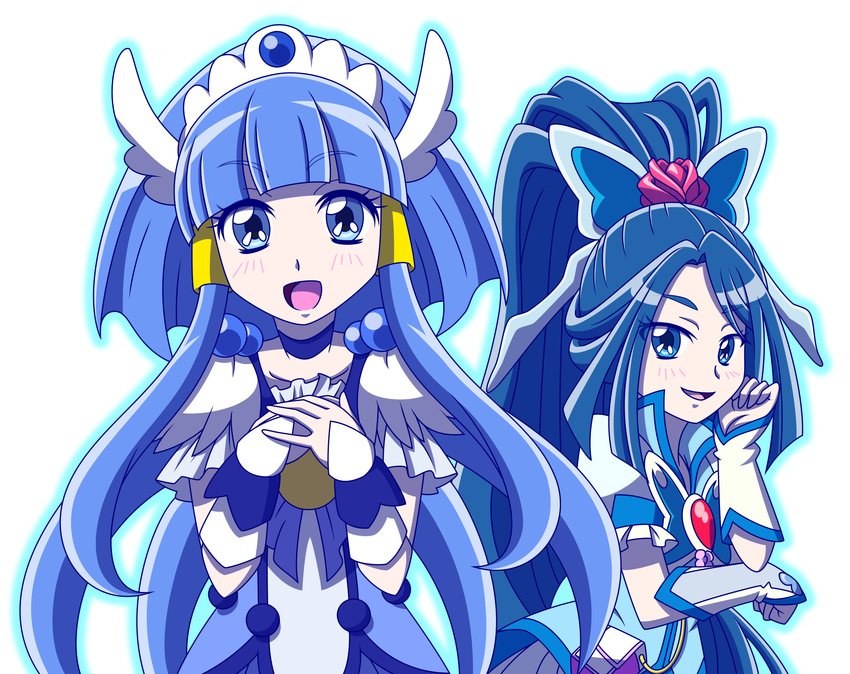 aoki_reika arm_warmers blue blue_eyes blue_hair blue_skirt blush butterfly_hair_ornament choker color_connection cure_aqua cure_beauty hair_ornament hair_tubes head_wings highres jewelry long_hair magical_girl minazuki_karen monyotarosu multiple_girls open_mouth ponytail precure skirt smile smile_precure! tiara vest white_background wide_ponytail wrist_cuffs yes!_precure_5 yes!_precure_5_gogo!