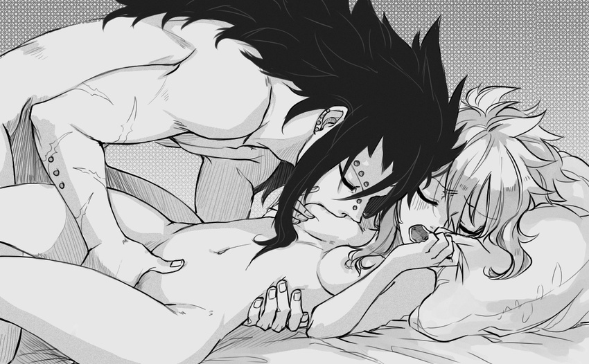 1girl arm_piercing barbell_piercing boy_on_top breast_sucking breasts closed_eyes couple eyebrow_piercing fairy_tail fingering gajeel_redfox greyscale hetero implied_fingering levy_mcgarden medium_breasts monochrome nipples nose_piercing nude on_bed open_mouth petite piercing pillow rusky scar