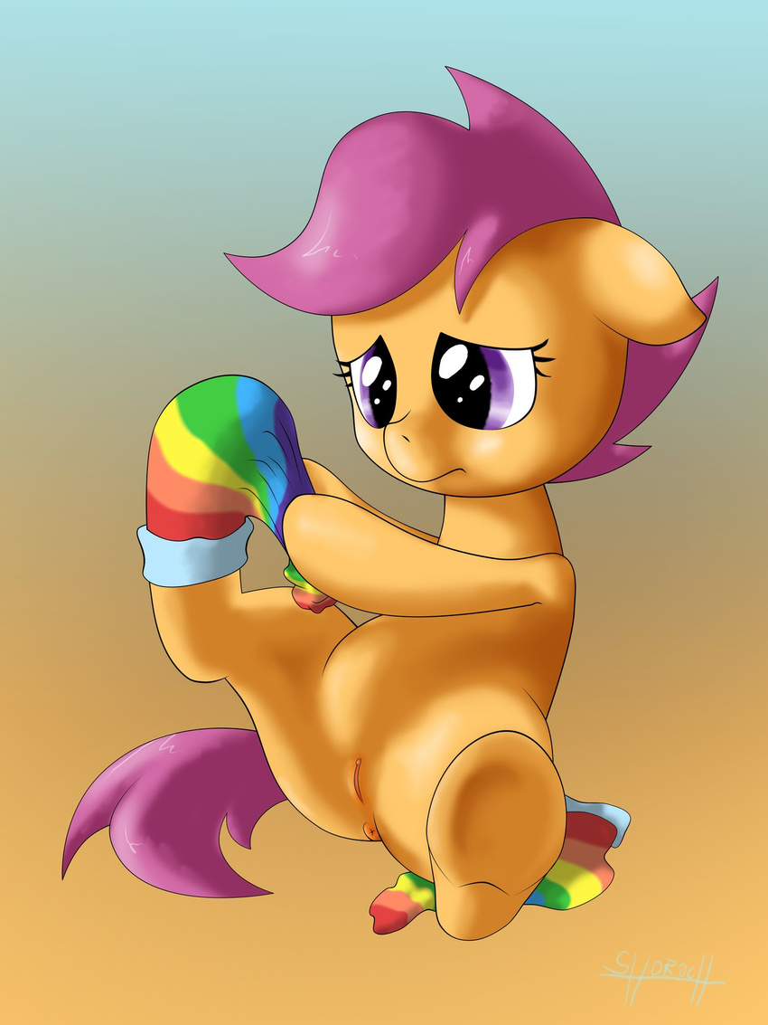 anus cub equine female feral friendship_is_magic fur hair horse mammal my_little_pony orange_fur plain_background pony purple_eyes purple_hair pussy scootaloo_(mlp) shoroch sitting socks solo spread_legs spreading young