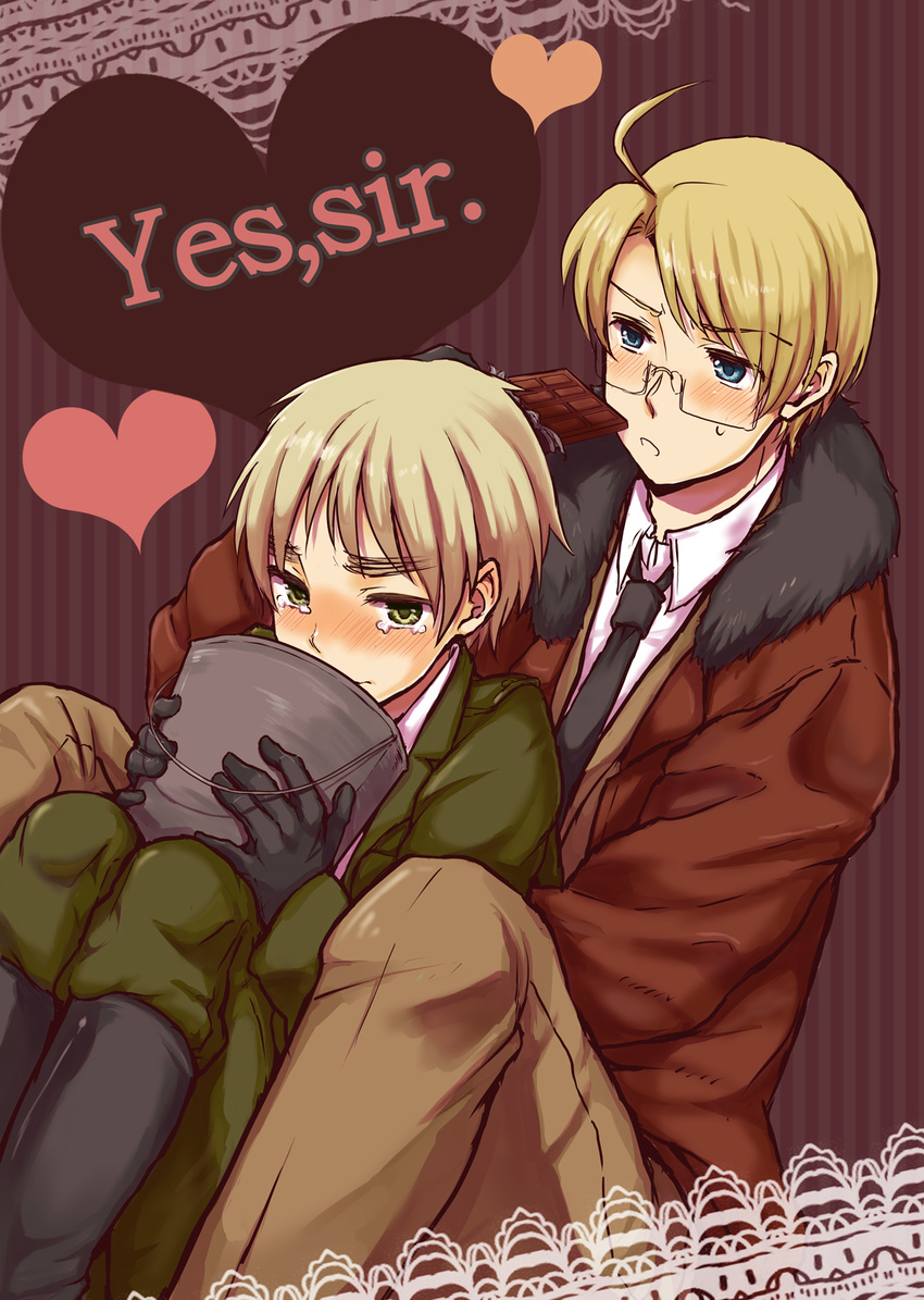 ahoge america_(hetalia) axis_powers_hetalia bad_id bad_pixiv_id blonde_hair blue_eyes blush bucket chocolate chocolate_bar english epuko gloves green_eyes heart highres male_focus multiple_boys sweat tears united_kingdom_(hetalia) yaoi