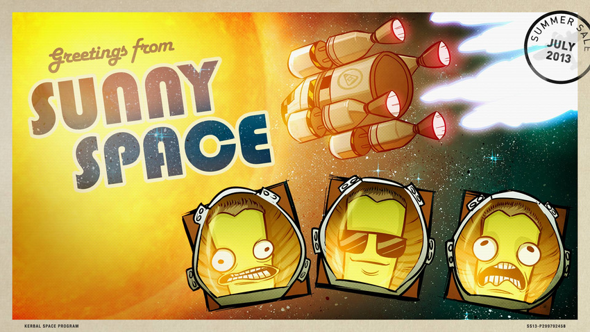 3boys character_request copyright_name dated english highres kerbal_space_program male_focus multiple_boys postcard rocket rolling_eyes smile space space_craft space_helmet star steam_(platform) sun sunglasses wavy_mouth yellow_skin