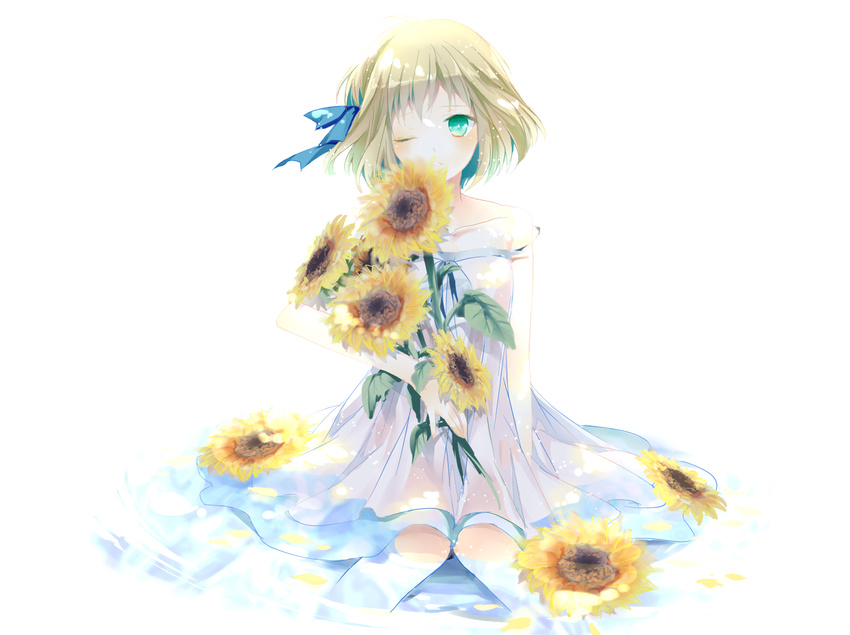 axis_powers_hetalia blonde_hair green_eyes jabujabu liechtenstein_(hetalia) ribbons summer_dress sunflowers white