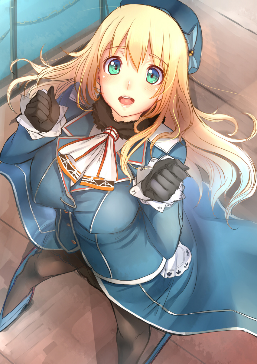 akasaai atago_(kantai_collection) black_gloves black_legwear blonde_hair blue_hat blush breasts from_above gloves green_eyes hat highres kantai_collection large_breasts long_hair looking_at_viewer looking_up military military_uniform open_mouth pantyhose smile solo uniform