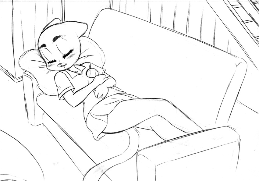 blush cat chochi clothed clothing eyes_closed feline lying mammal nicole_watterson on_back pillow sketch skirt sleeping sofa solo the_amazing_world_of_gumball