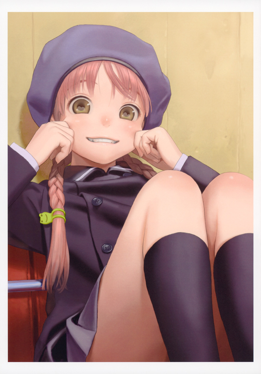 black_legwear blush braid brown_eyes cheek_pull child forced_smile hair_over_shoulder hat highres kneehighs knees_to_chest long_hair long_sleeves murata_renji original pink_hair scan sitting skirt smile solo twin_braids uniform