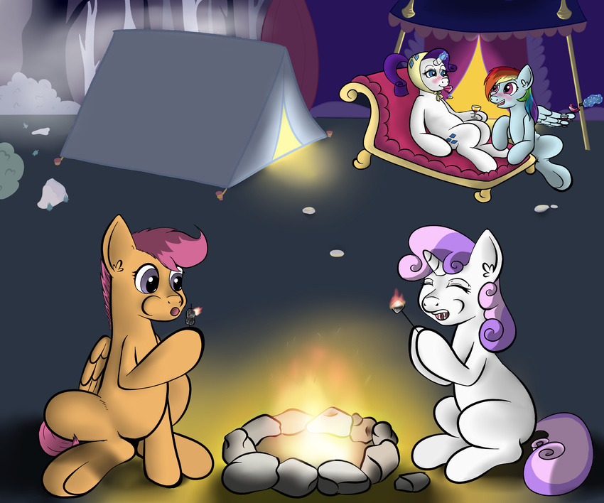 blue_eyes blue_fur camp cub cutie_mark dashaloo drinking duo eating equine eyes_closed female feral fire friendship_is_magic fur group hair horn horse lying mammal multi-colored_hair my_little_pony on_back outside pegasus pony purple_eyes purple_hair rainbow_dash_(mlp) rainbow_hair rarity_(mlp) scootaloo_(mlp) sweetie_belle_(mlp) tent two_tone_hair unicorn white_fur wings young