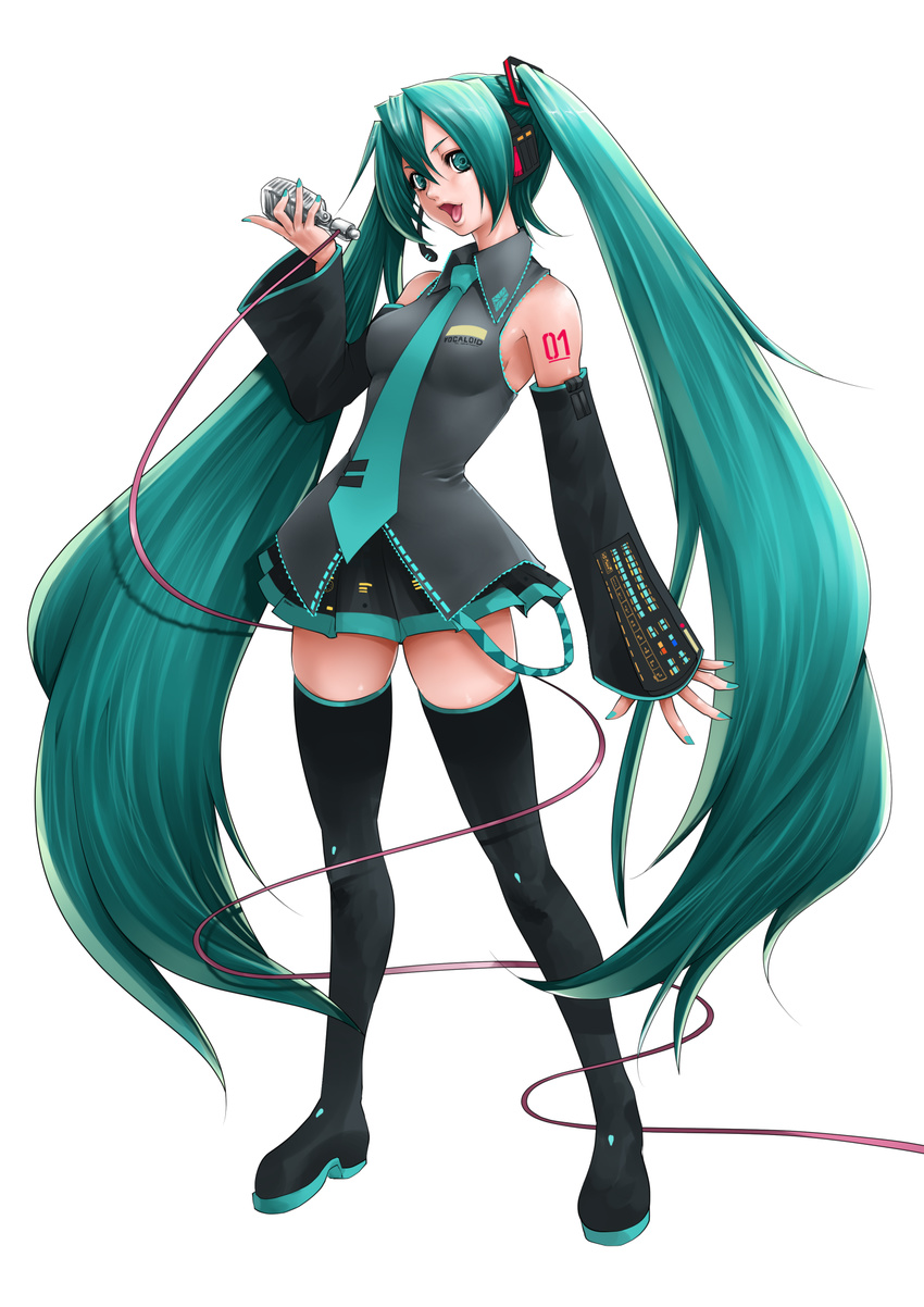 boots copyright_name detached_sleeves green_eyes green_hair hatsune_miku headset highres long_hair microphone nail_polish necktie open_mouth simple_background skirt solo souryu tattoo thigh_boots thighhighs twintails very_long_hair vocaloid white_background