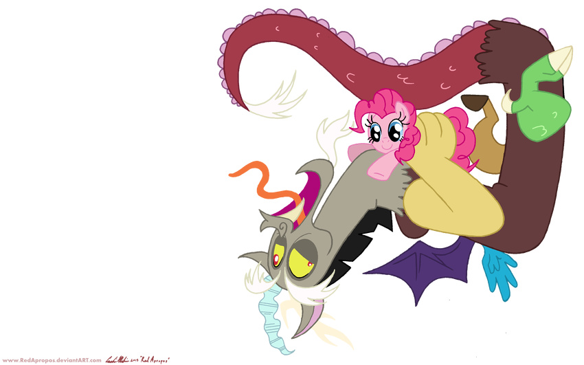 absurd_res antler antlers blue_eyes discord_(mlp) draconequus duo equine female friendship_is_magic hair hi_res horn horse long_tongue male mammal my_little_pony pink_hair pinkie_pie_(mlp) pony red_eyes redapropos tongue tongue_out wings