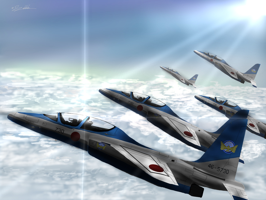 aircraft airplane blue_impulse_(team) canopy cloud cockpit day flying highres japan_air_self-defense_force japan_self-defense_force jet military no_humans original realistic signature sky sun t-4