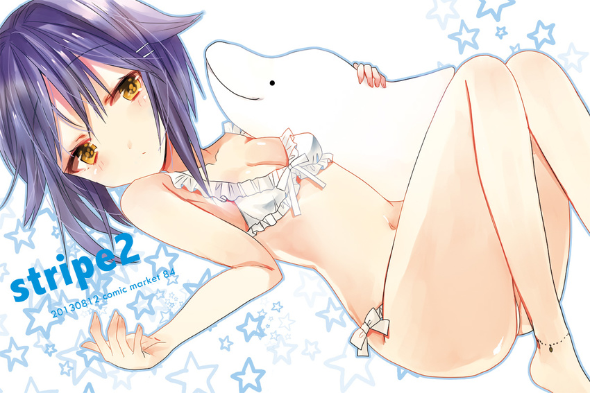 anklet bad_id bad_pixiv_id bikini blush breasts brown_eyes cleavage dolphin hair_ornament hairclip idolmaster idolmaster_cinderella_girls jewelry koshimizu_sachiko looking_at_viewer purple_hair shimakoma short_hair small_breasts solo swimsuit