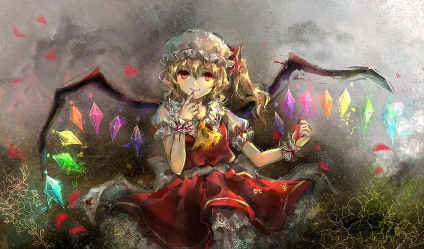 ascot bad_id bad_pixiv_id blonde_hair crystal finger_to_mouth flandre_scarlet hat long_hair nosaki petals red_eyes side_ponytail skirt skirt_set smile solo touhou wings wrist_cuffs