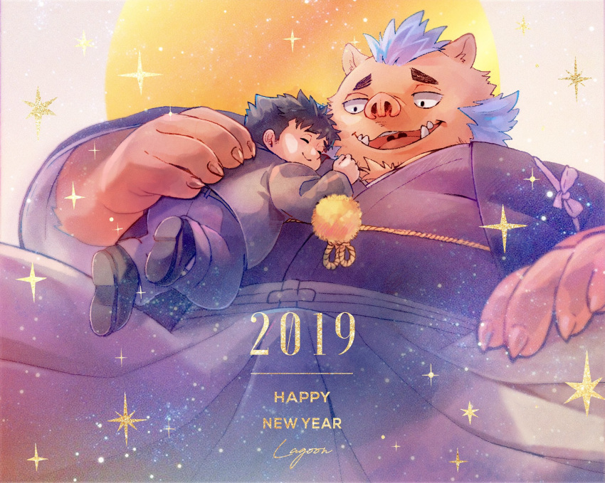 2019 anthro boar chubby_protagonist_(tas) clothed clothing duo english_text eyes_closed gouryou human humanoid_hands lagoon_bluebear male mammal mohawk overweight overweight_male pants porcine protagonist_(tas) shirt simple_background text tokyo_afterschool_summoners tusks video_games