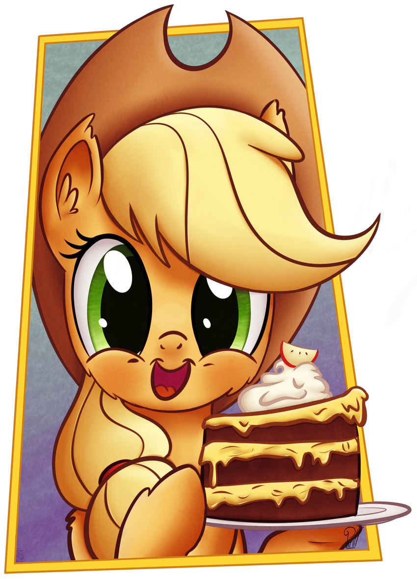 absurd_res alpha_channel apple applejack_(mlp) blonde_hair cake cowboy_hat cream cute dripping equine female feral food friendship_is_magic fruit fur green_eyes hair hat headshot_portrait hi_res holding horse looking_at_viewer mammal my_little_pony open_mouth orange_fur pirill plate pony portrait signature smile solo tongue