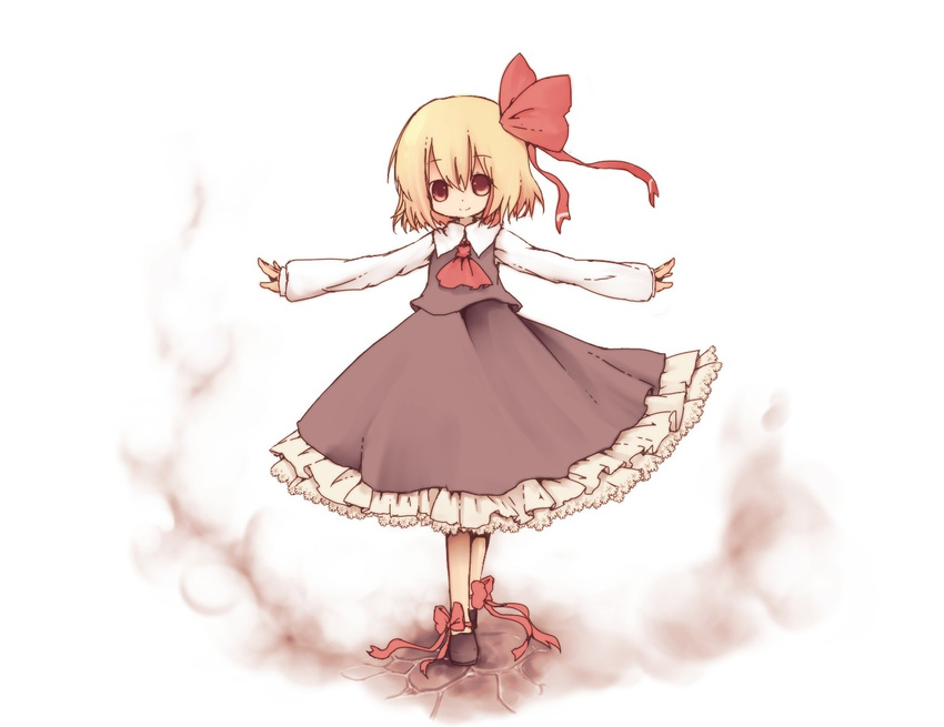 ascot bad_id bad_pixiv_id blonde_hair colorized looking_at_viewer outstretched_arms ribbon rumia short_hair smile solo tisha_(kimagurenukosan) touhou yagami_shiro