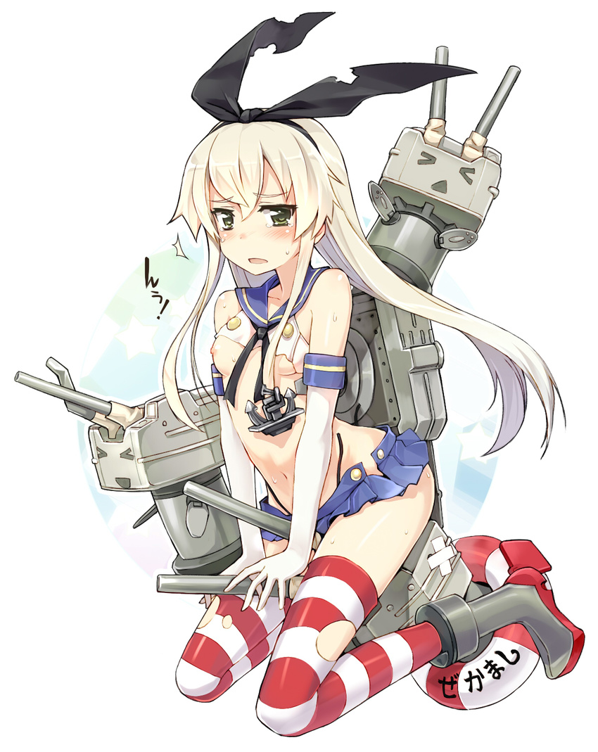 &gt;_&lt; 1girl amagai_tarou bare_shoulders blonde_hair boots bow breasts closed_eyes elbow_gloves gloves green_eyes grey_footwear hair_bow highres kantai_collection lifebuoy long_hair miniskirt nipples open_mouth rensouhou-chan sailor_collar shimakaze_(kantai_collection) skirt small_breasts solo striped striped_legwear sweat tears thighhighs torn_clothes torn_legwear turret white_gloves