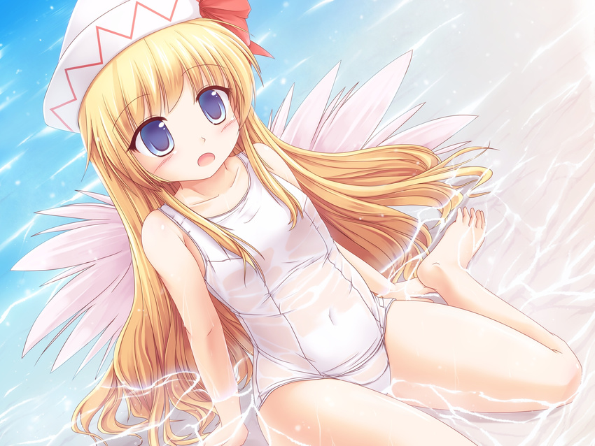 beach blonde_hair blue_eyes blush covered_navel fairy_wings hat hat_ribbon highres lily_white long_hair lzh one-piece_swimsuit open_mouth ribbon school_swimsuit see-through sitting solo swimsuit touhou very_long_hair wariza water wet wet_clothes wet_swimsuit white_school_swimsuit white_swimsuit wings