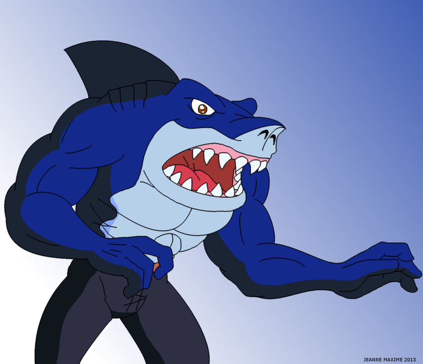 abs anthro belt biceps blue_skin clothing dorsal_fin fangs fin fish fishmen great_white_shark male marine maxime-jeanne muscles mutant open_mouth pants pecs pose ripster ripster_(street_sharks) scales scalie shark solo standing street_sharks teeth tongue topless