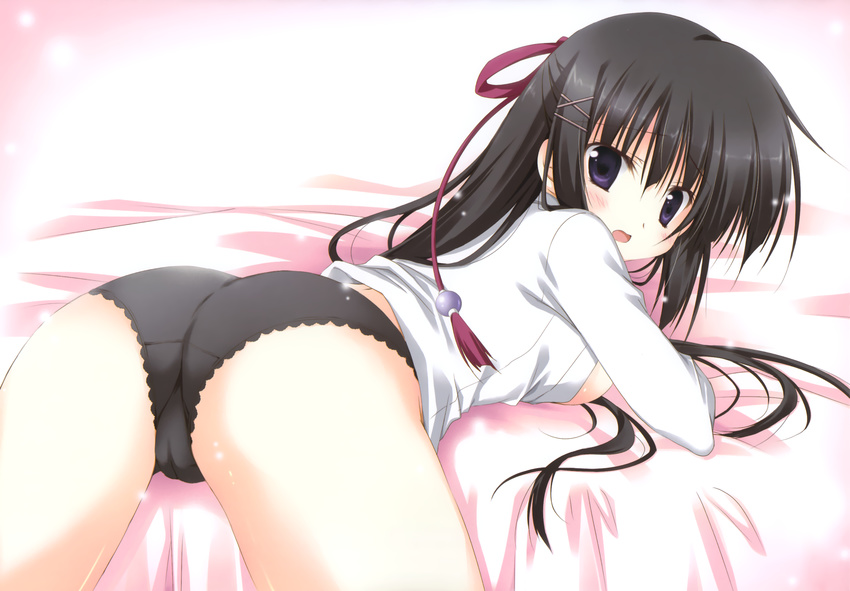 ass bed black_hair blush cameltoe gogyou_hijiri korie_riko long_hair panties tsuki_tsuki! underwear