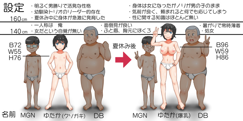 2boys age_progression akane_yutaka before_and_after black_hair blue_eyes breasts character_name character_profile commentary db_(taguchi_takahiro) glasses highres large_breasts mgn_(taguchi_takahiro) mole mole_on_breast multiple_boys navel one_eye_closed open_mouth original shirtless short_hair smile taguchi_takahiro tomboy topless translated underwear v