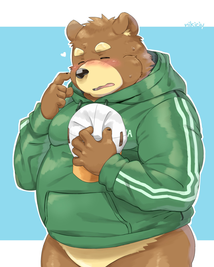 &lt;3 2018 anthro black_nose blush brown_fur clothing eyes_closed fur hoodie male mammal nikiciy overweight overweight_male simple_background solo ursine