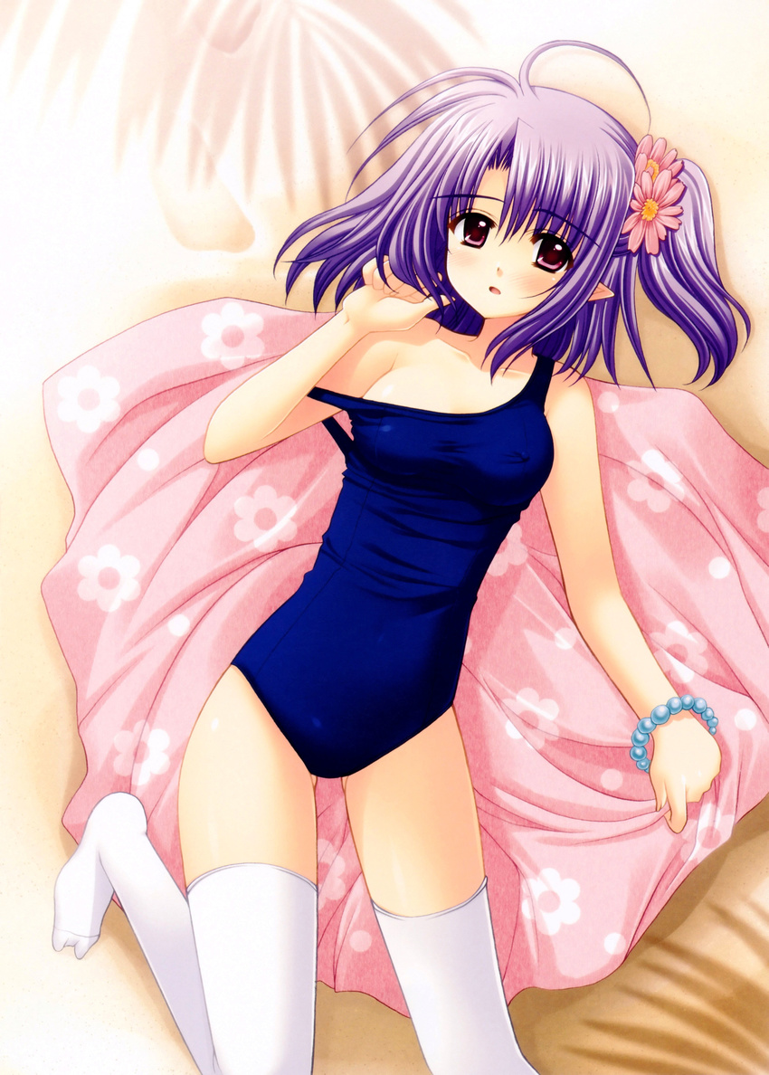 absurdres bracelet breasts covered_nipples daisy_(shuffle!) flower hair_flower hair_ornament highres jewelry legs lying nishimata_aoi one-piece_swimsuit pillow pointy_ears purple_eyes purple_hair school_uniform shuffle! shuffle!_essence+ small_breasts swimsuit thighhighs white_legwear