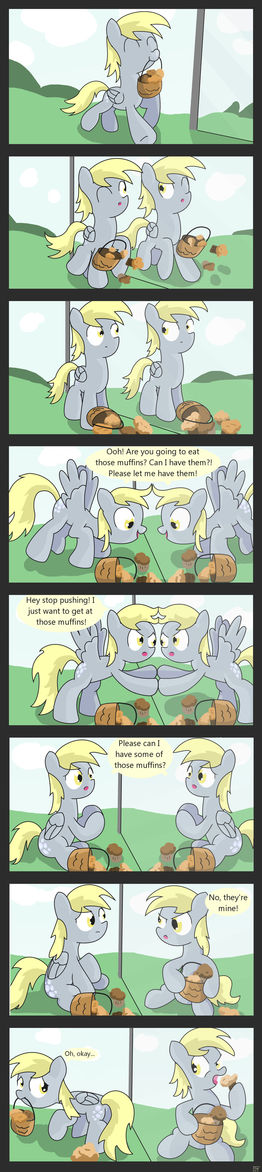 2012 041744 ? absurd_res blonde_hair cloud clouds comic cute cutie_mark derpy_hooves_(mlp) dialog eating equine eyes_closed female feral food friendship_is_magic fur grey_fur hair hi_res horse mammal mirror mouth_hold muffin my_little_pony one_eye_closed open_mouth pegasus pony smile text tongue tongue_out wings yellow_eyes