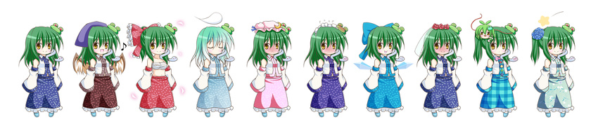 alternate_hair_color aqua_hair blush bow circle cirno cirno_(cosplay) cosplay crescent detached_sleeves expressive_clothes flower frog_hair_ornament full_body green_hair hair_bow hair_flower hair_ornament hakurei_reimu hakurei_reimu_(cosplay) hata_no_kokoro hata_no_kokoro_(cosplay) head_scarf highres hitodama izayoi_sakuya izayoi_sakuya_(cosplay) kochiya_sanae long_hair long_image maid_headdress mask multicolored_hair musical_note mystia_lorelei mystia_lorelei_(cosplay) no_shirt okamisty open_mouth osashin_(osada) patchouli_knowledge patchouli_knowledge_(cosplay) plaid plaid_skirt ponytail sarashi sidelocks skirt sleeves_past_wrists smile snake_hair_ornament star tongue tongue_out touhou transparent_background triangle veil white_hair wide_image wings yellow_eyes yukkuri_shiteitte_ne