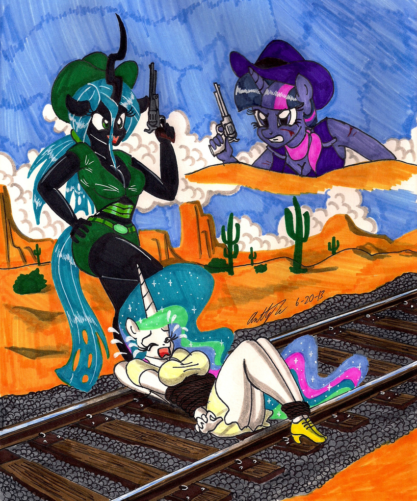 anthro anthrofied blood bound breasts cactus changeling cleavage clothed clothing cloud cowboy_hat cowgirl crying desert equine female friendship_is_magic green_eyes green_hair gun hair hat holes horn horse long_hair mammal multi-colored_hair my_little_pony newyorkx3 pony princess_celestia_(mlp) purple_eyes queen_chrysalis_(mlp) rail ranged_weapon revolver rope scar sky sparkles tears train_tracks twilight_sparkle_(mlp) unicorn weapon winged_unicorn wings