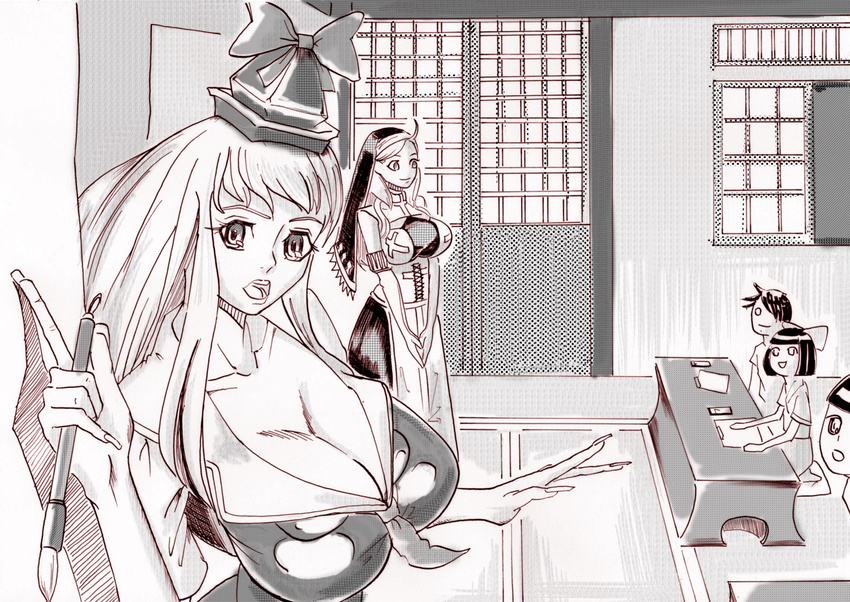 ahoge azibuda breasts calligraphy_brush character_request child classroom cleavage habit highres kamishirasawa_keine large_breasts long_hair monochrome multiple_girls paintbrush pointing tatami touhou traditional_media v_arms