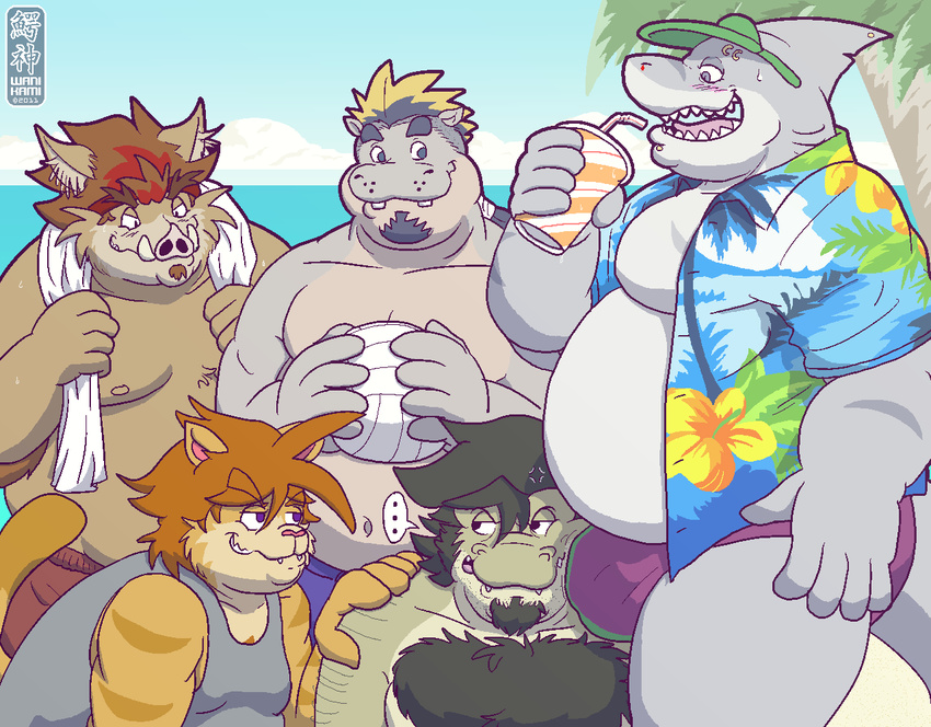 beach beatou belly biceps black_hair blonde_hair blood blush boar brown_hair bulge butch_(character) butch_wanikami cat chubby clothing crocodile dunn dyed_hair dyers eyebrow_piercing facial_hair facial_piercing feline fish goatee grin hair hairy hippo krokodyle male mammal marine muscles nosebleed ollie_baysch overweight porcine red_hair reptile rubbing scalie seaside shark shirt smile speedo swimsuit tank_top thong towel vest volleyball wanikami