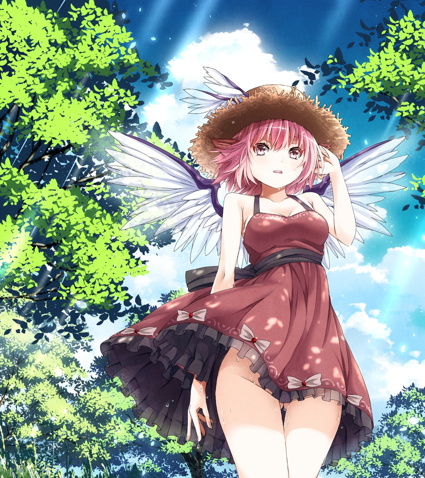 adapted_costume animal_ears ass_visible_through_thighs bare_shoulders blush breasts cleavage cloud day dress duplicate ears_through_headwear from_below hat highres light_rays looking_at_viewer medium_breasts mikoma_sanagi mystia_lorelei no_panties open_mouth pink_eyes pink_hair revision short_hair sky solo sun_hat sunbeam sunlight sweat thigh_gap touhou tree wings