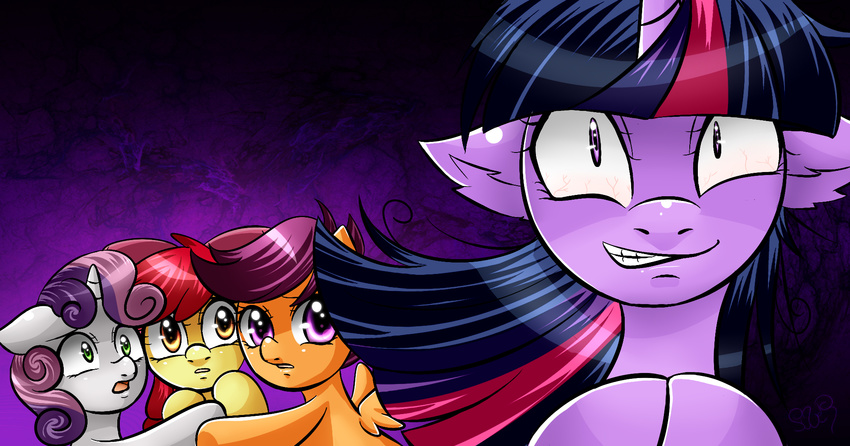 amber_eyes apple_bloom_(mlp) bow cub cutie_mark_crusaders_(mlp) equine female feral friendship_is_magic green_eyes hair horn horse insane mammal messy_hair my_little_pony pegasus pony princesssilverglow purple_eyes purple_hair red_hair scared scootaloo_(mlp) sweetie_belle_(mlp) twilight_sparkle_(mlp) two_tone_hair unicorn wings young