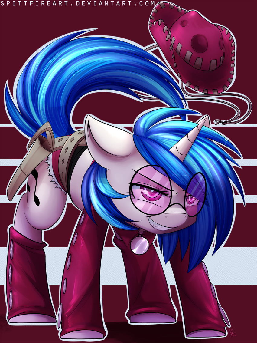 blue_hair clothing cowboy_hat cutie_mark equine eyewear female feral friendship_is_magic fur hair hat horn horse mammal my_little_pony pony purple_eyes smile solo spittfire sunglasses unicorn vinyl_scratch_(mlp) white_fur